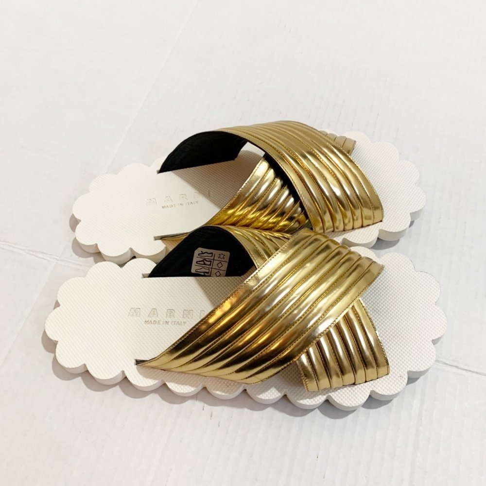 Marni Gold Metallic Cross-Strap Scalloped Slide Sandals